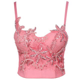 Slim Camis Cropped Tops With Built in Bra Women Beading Sequins Crop Top Female Sexy Spaghetti Strap Corset Push Up Bustier