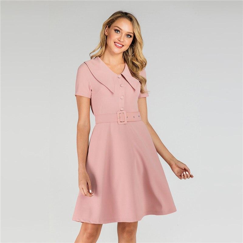 Pink Solid High Waist Belted Button Front Vintage Short Sleeve Summer Elegant A Line Office Dress