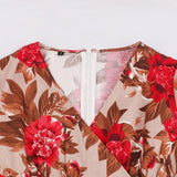 2021 V-Neck High Waist Vintage Floral Pinup Women Midi Dress Cotton Fabric Short Sleeve A-Line Retro Style Summer Tunic Dresses