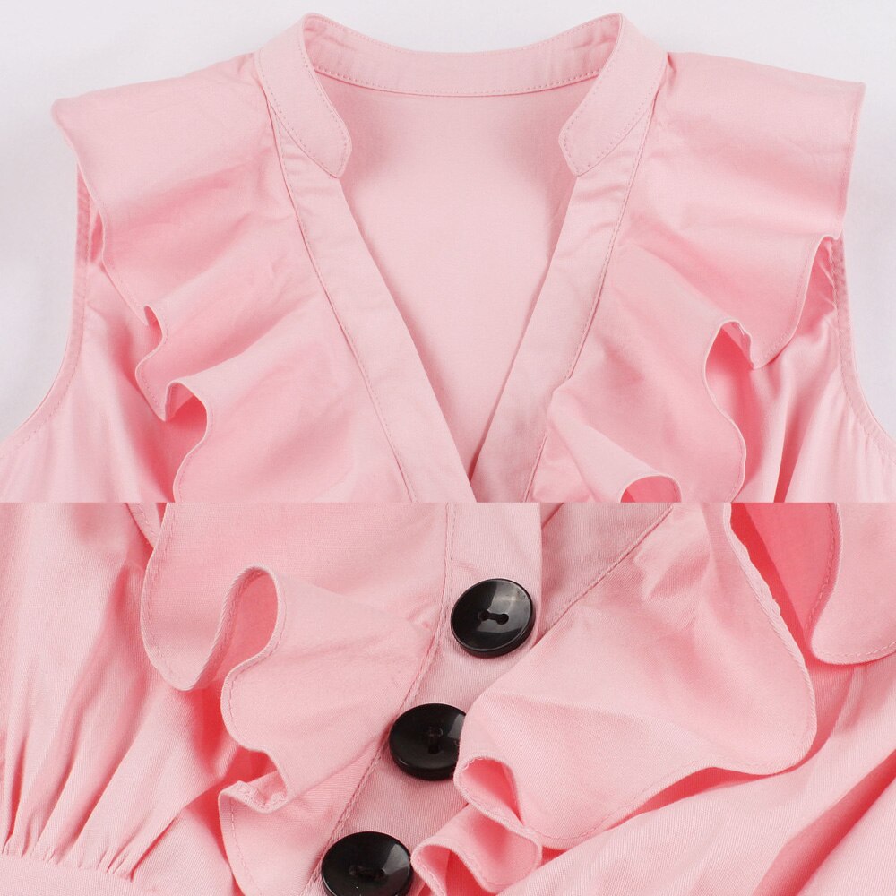 1950s Summer Sleeveless High Waist Cotton Ruffles V Neck Robe Pin Up Swing Vintage Dress