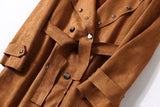 Women Trench Suede Cool Rivets Coat With Belt Turn Down Collar Overcoat Classic Trench