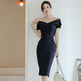 Elegant Summer Women Office Lady Sexy Off Shoulder Buttons Bodycon Work Formal Dress Slim Waist Vestidos