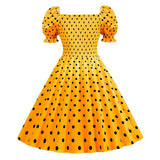 2021 Polka Dot Party Dress Elegant Women Summer Puff Short Sleeve Square Collar Elastic Waist Vintage Midi Sundress Casual Beach