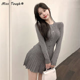 Winter Kawaii Knitted Sweater Dress Women Korean Fashion Sweet Party Mini Dress Female Sexy Solid Pleated Designer Dress 2021