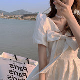 2021 Summer Kawaii Elegant Dress Women Sweet Bow Korean Princess Sexy Mini Fairy Dress Female Casual Puff Sleeve Party Dress