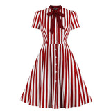Black Striped Short Sleeve Cotton Bow Tie Button Up Robe Pin Up Swing Retro Vintage Dress
