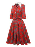 Turn-Down Collar Frilled Button Up Red Plaid Vintage Women 3/4 Length Sleeve Belted Midi Dress
