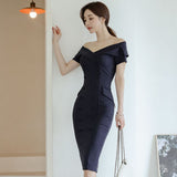 Elegant Summer Women Office Lady Sexy Off Shoulder Buttons Bodycon Work Formal Dress Slim Waist Vestidos