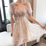 Korean Elegant Floral Boho Dress Women Summer Casual Sexy V-Neck Party Midi Dress High Waist Chiffon Casual Princess Fairy Dress