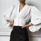Elegant Lantern Long Sleeve Women Top V Neck Button Up Vintage Blouse Shirts