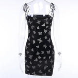 Glitter Butterfly Print Black Women Spaghetti Strap Side Slit Slash Neck Vintage Summer Dress