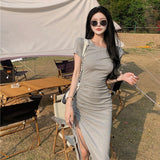 Summer Party Ladies Short Sleeve Womens Solid Bodycon  Midi Dress O Neck Casual Slim Vestido Drawstring Split Dresses