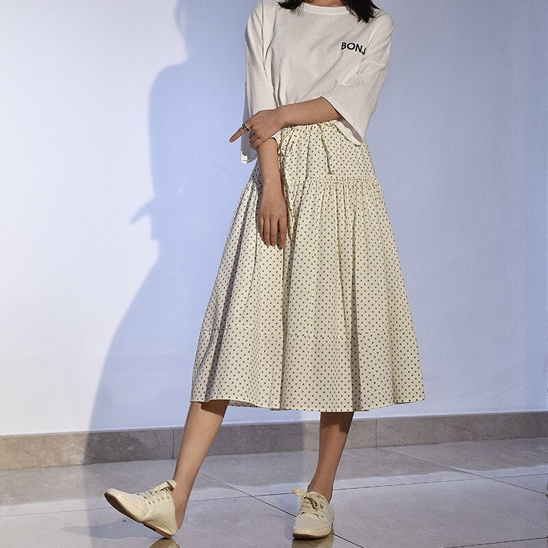 Summer Cotton High Waist A-line Pleated Women Dot Print Casual Skirts