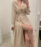 Women Single Breasted Midi Lace Up Slim Solid Shirt Dress Long Sleeve Elegant Vestidos Femme