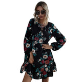 Ruffles Print Women O-neck Full Sleeve High Waist Casual Black Floral Dress