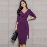 Autumn Women Vintage Elegant Office Lady V-Neck Vestidos Business Waistbelt Bodycon Slim Dress