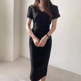 Women Summer Chic Korean Fashion Dress Office Lady Elegant Work Basic Wear Solid Dresses Vestidos