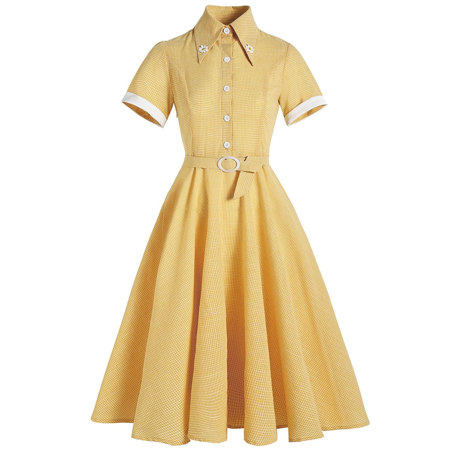 2021 Hepburn Style Shirt Summer Women Dress With Belt Vintage England Plaid Yellow Floral Short Sleeve Swing Pin Up Sundress