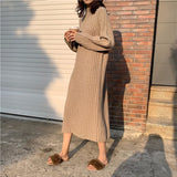 Women Casual Half High Collar Full Sleeve Straight Knitted Dress Autumn Winter Thick Warm Sweater Mid-Calf Vestidos