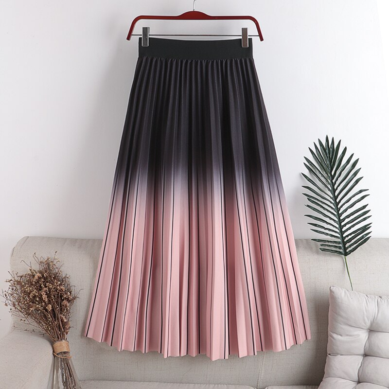 New Women A-Line Stretch High Waist Striped Long Spring Pleated Skirt