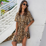 Leopard Deep V-Neck Women Short Sleeve Irregular Loose Elegant Sexy Dress