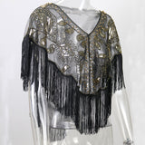 Women 1920s Sequined Shawl with Tassels Beaded Pearl Fringe Sheer Mesh Wraps Gatsby Flapper Bolero Cape Cover Up