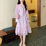 Summer Chiffon Elegant Floral Dress Women Print Sweet Casual Pretty Party Dress Female Casual Holiday Korean Sweet Dress 2021