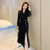 Women Elegant Office Dress V-Neck Buttons Long Sleeve Slim Dress Autumn Female Midi Vestidos