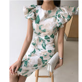 Women Sexy  Puff Sleeve Office lady Vestidos Summer  Elegant Slim Waist Female print Dresses