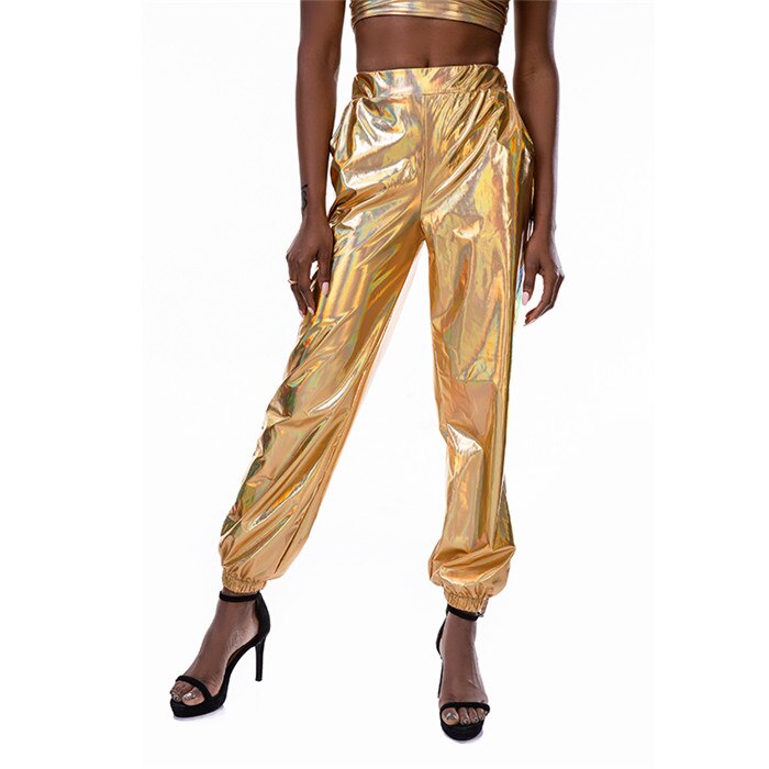 Laser Holographic Casual Long Wet Look High Waist Loose Jogger Pants With Pockets Summer Hip Hop Trousers