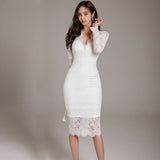 Women Vintage V-Neck Lace Patchwork Sheath Dress Full Sleeve Slim Fit Female Knee-Length Dress 2021 Spring Party Vestido