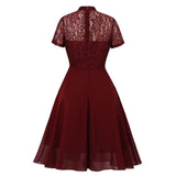 Burgundy Formal Short Sleeve Lace Patchwork Stand Collar Robe Swing Elegant Evening Party Dresses