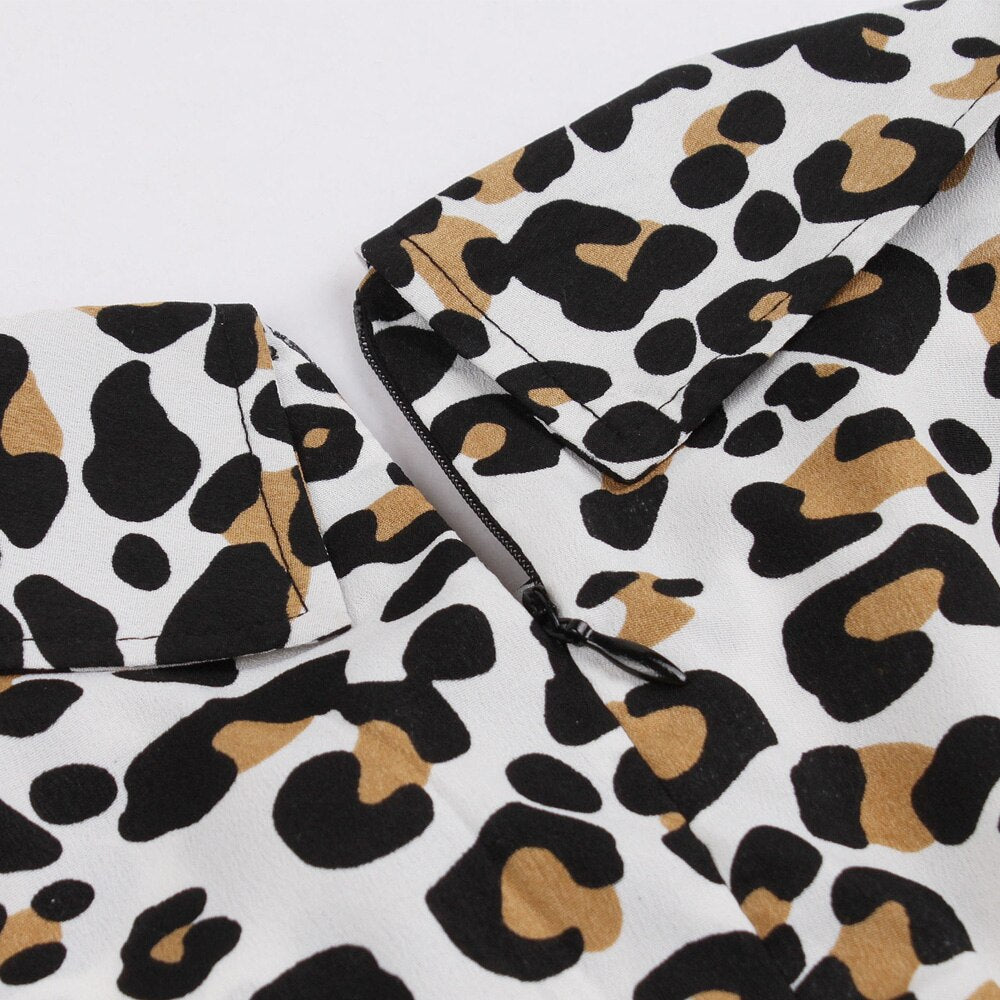 Women Short Sleeve Black Leopard Print Patchwork Robe Pin Up Swing Vintage Dresses