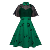 Chiffon Cape Bat Print Elegant Summer Midi High Waist Vintage Style Women Halloween Party Swing Dress