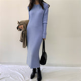 Elegant Women Sweater Dress O-Neck Full Sleeve Stretch Solid Vestidos Female Maxi Knitted Slim Dress