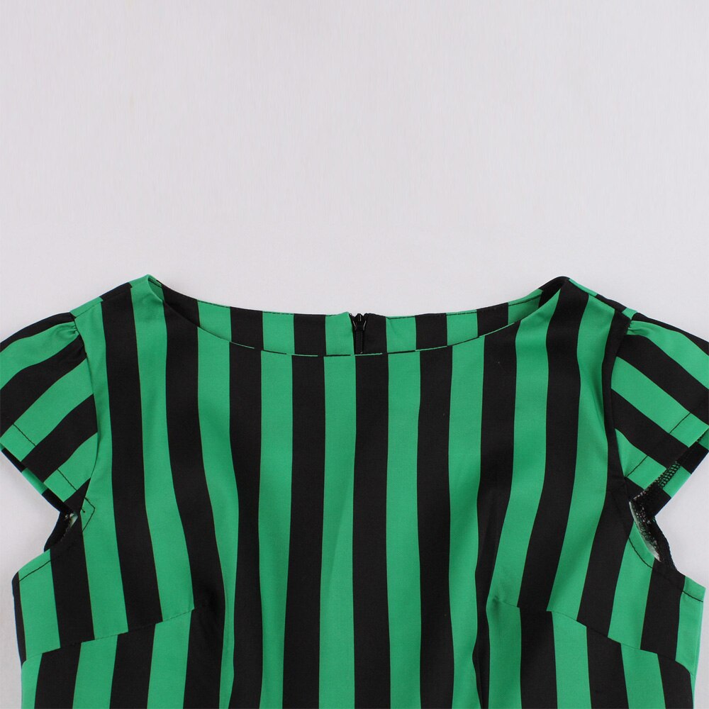 Green Black Striped Cotton Cap Sleeve Robe Pin Up Swing Elegant Retro Vintage Dress