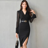 Women Spring Korean Elegant OL Dress Chic Suit Collar Waistbelt Slit Bodycon Dresses Party Vestidos