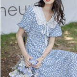 2021 Summer Sweet Elegant Dress Women Holiday Outing High Waist Blue Floral Casual Dress Female Puff Sleeve Fairy Midi Sundress