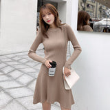 Autumn Winter Slim Knit Sweater A-line Dress Elegant Fashion O-Neck Long-Sleeved Knitted Bottoming Mini Dress Female