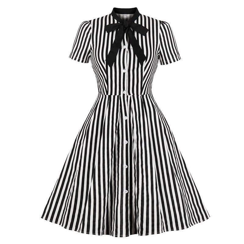 Single-Breasted Tie Neck Burgundy Striped Cotton 50S Vintage Robe Women Rockabilly Party Elegant Summer Dress