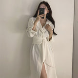 Elegant Office Lady Slit Sexy Midi Dress V Neck Collared Long Sleeve Waist Belted Shirt Dress