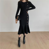 New Autumn Women Black Knitting Dress Casual O-Neck Elegance Full Sleeve Solid Ruffle Dresses Female Clothing