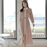 Autumn Elegant  Single-Breasted Women Solid  Shirt Dress With Belt Office Lady Style Long Sleeve  Mid-Length Dress Female