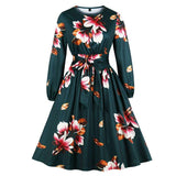 High Waist Vintage O Neck Ruched Belted Pleated Floral Autumn Winter Long Sleeve Flower Elegant Dress