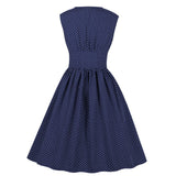 Navy Blue Polka Dot Sleeveless High Waist Robe Pin Up Swing Button Summer Elegant Casual Dress