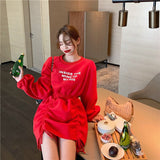 Autumn Women Fashion Fleece Thicken Hoodies Mini Dress Female Long Sleeve Letters Drawstring Clothes