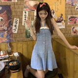 Kawaii Sweet Denim Halter Dress Women Korean Fashion Party Mini Pleated Dresses Lace Blue High Street Elegant Designer Clothing