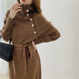 Turtleneck Long Sleeve Sweater Dress With Belt Button Knitted Elegant Midi Dress