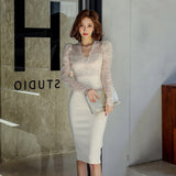 Autumn Women Lace Dress Elegant Lace Patchwork Hollow out Formal Party Knee-Length Bodycon Dress