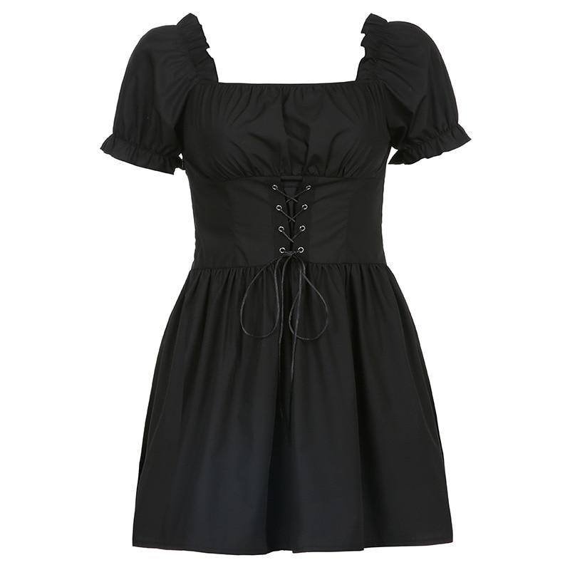 Retro Vintage Women Party Dress Black Solid Color Short Sleeve Mini Streetwear Gothic Streetwear Female Elegent Vintage Dresses